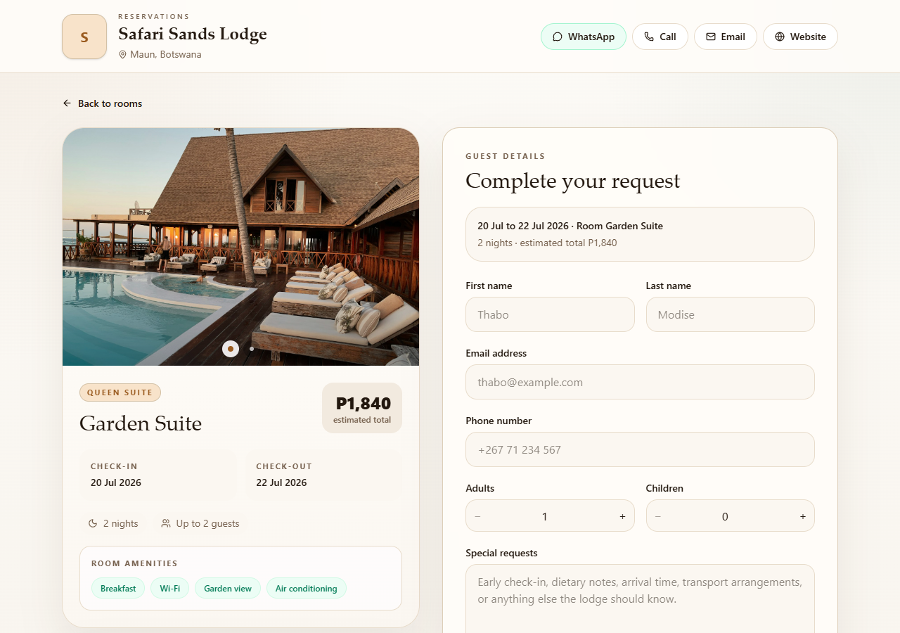 Guest booking form with date selection, room details, and booking request