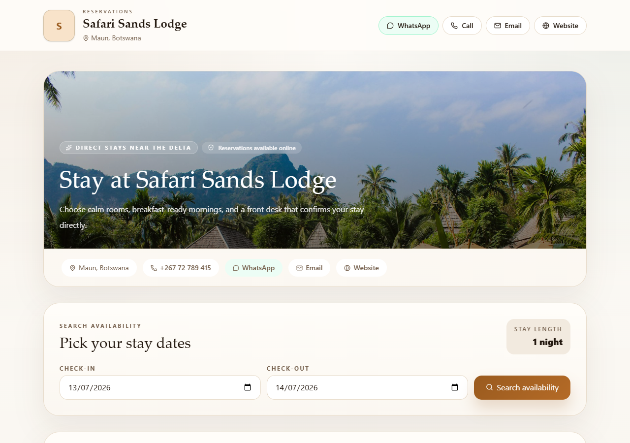 Tsa Bonno online booking site with room listings, photo galleries, and availability search