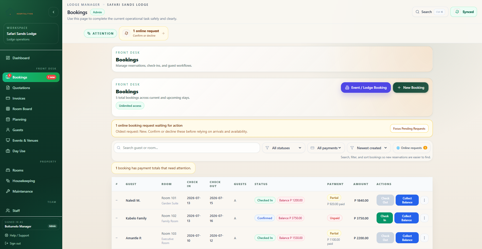 Tsa Bonno desktop booking list with filters for arrivals, departures, and in-house guests
