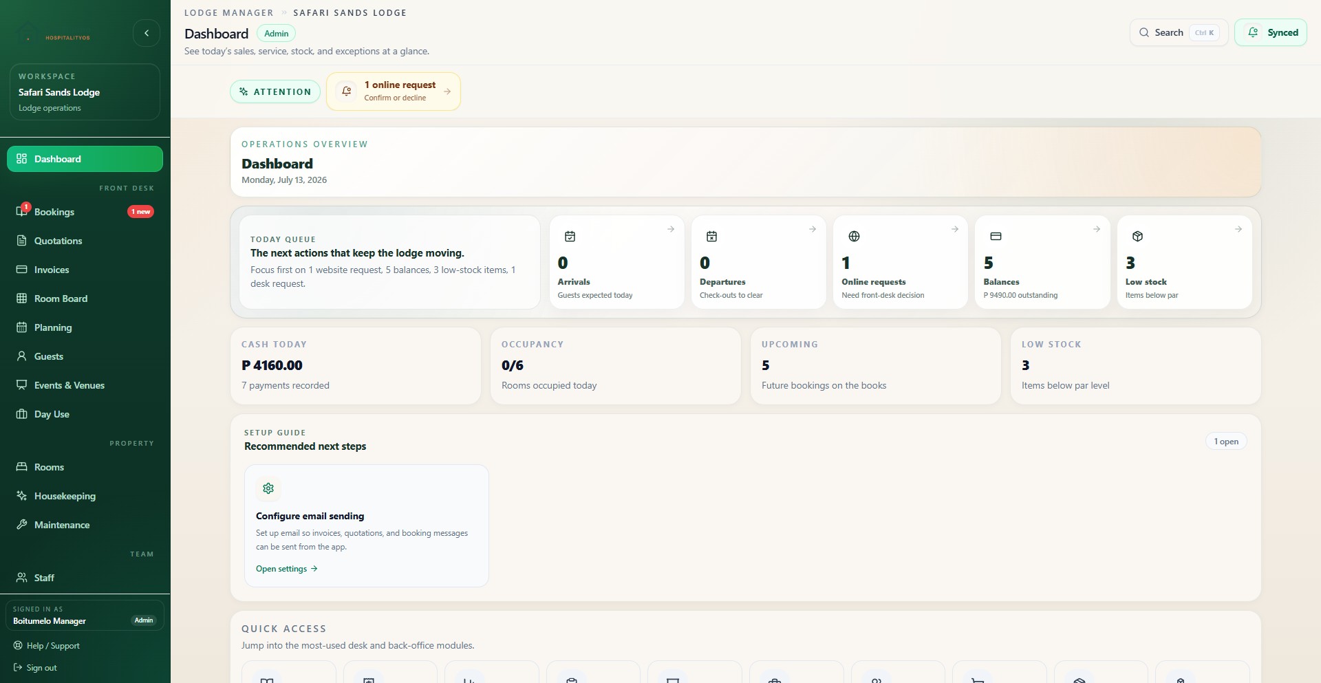 Tsa Bonno HospitalityOS desktop dashboard showing bookings, room board, and owner visibility