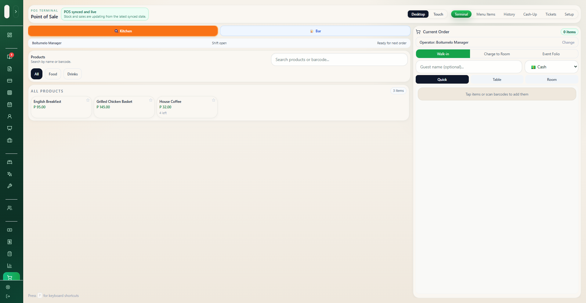 Tsa Bonno desktop point of sale interface for processing bar and kitchen sales