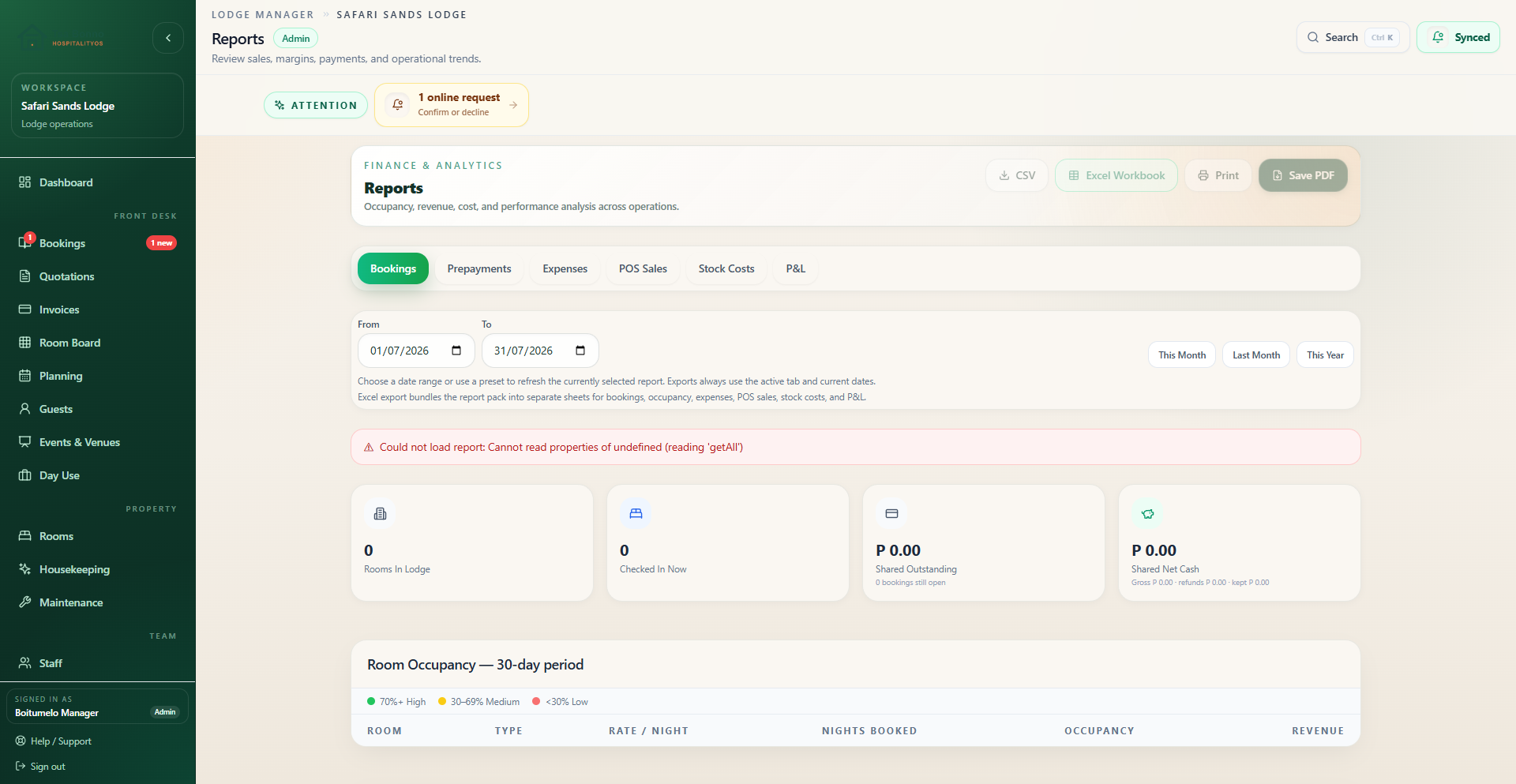Tsa Bonno control center view showing reports, balances, and operating visibility for owners