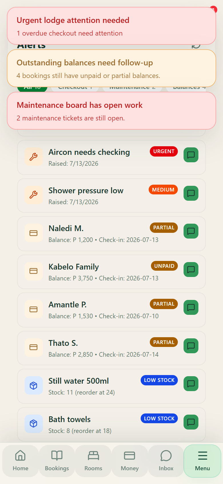 Tsa Bonno Manager app alerts board showing overdue checkouts, maintenance issues, and low stock warnings