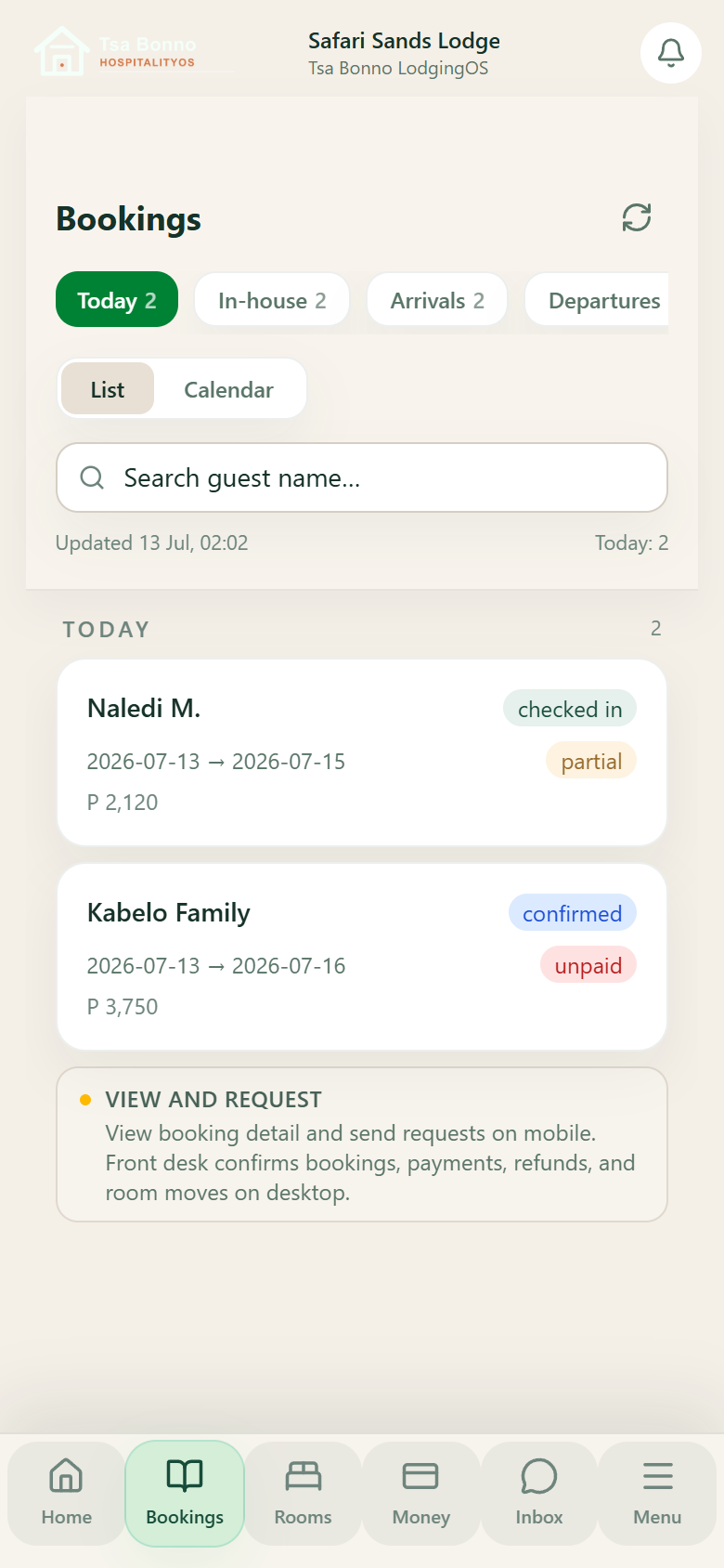 Tsa Bonno Manager app booking list showing filters for arrivals, departures, and in-house guests