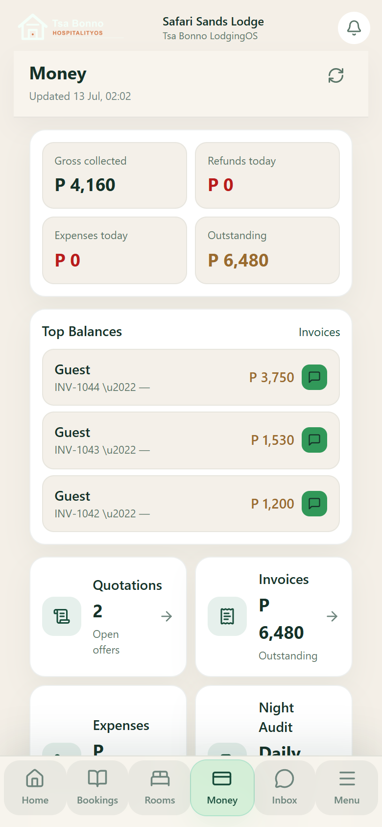 Tsa Bonno Manager app money view showing invoices, expenses, and night audit reports