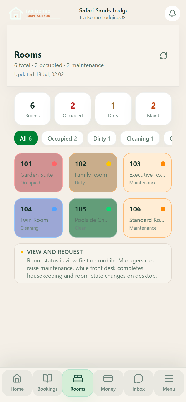 Tsa Bonno Manager app room grid showing colour-coded room status